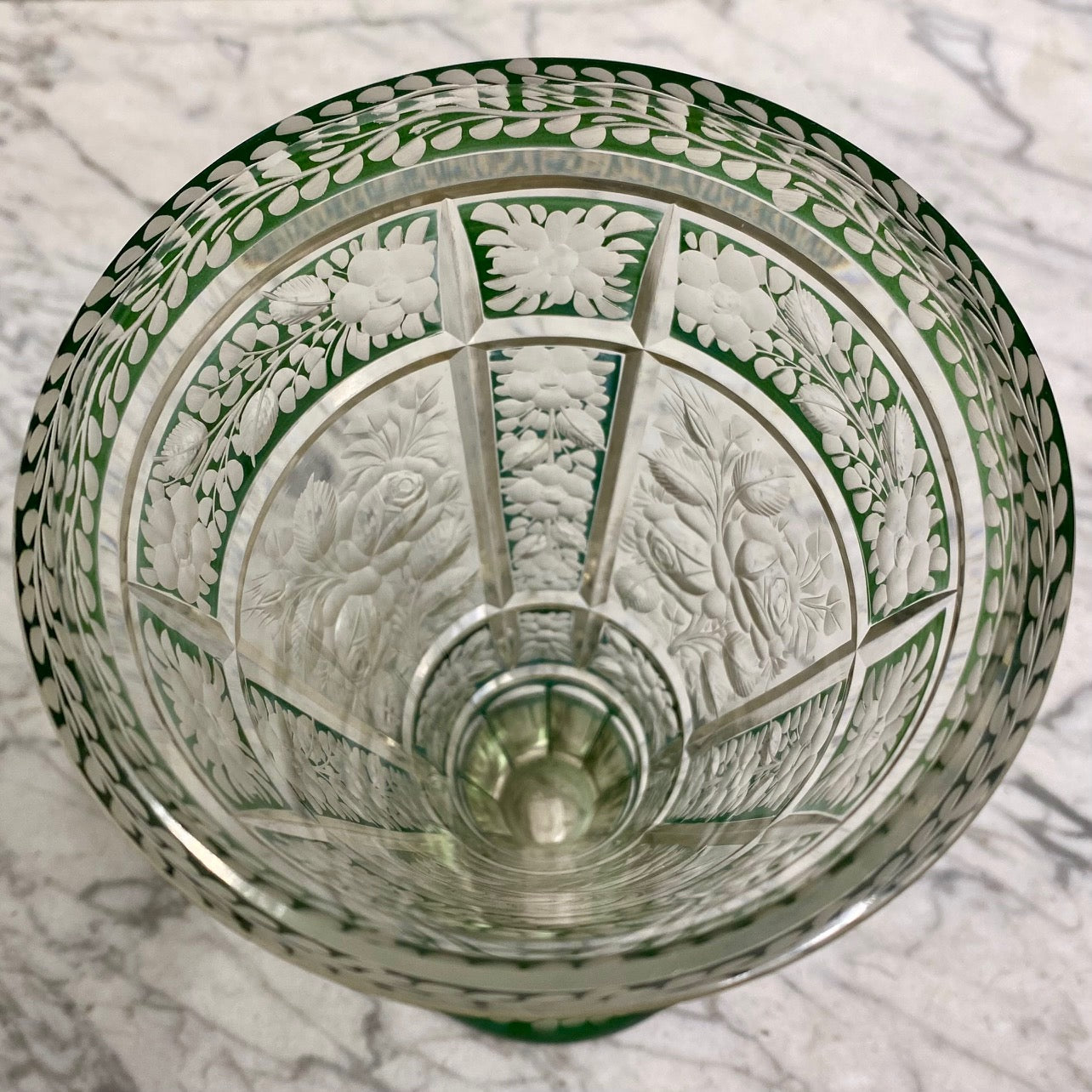 Beautiful Antique Green Etched Glass Vase