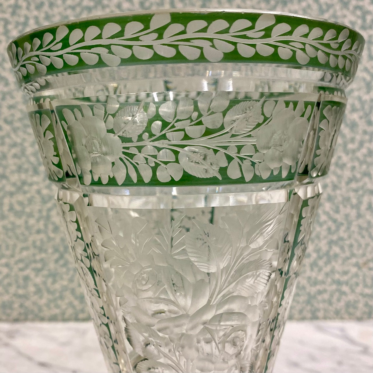 Beautiful Antique Green Etched Glass Vase