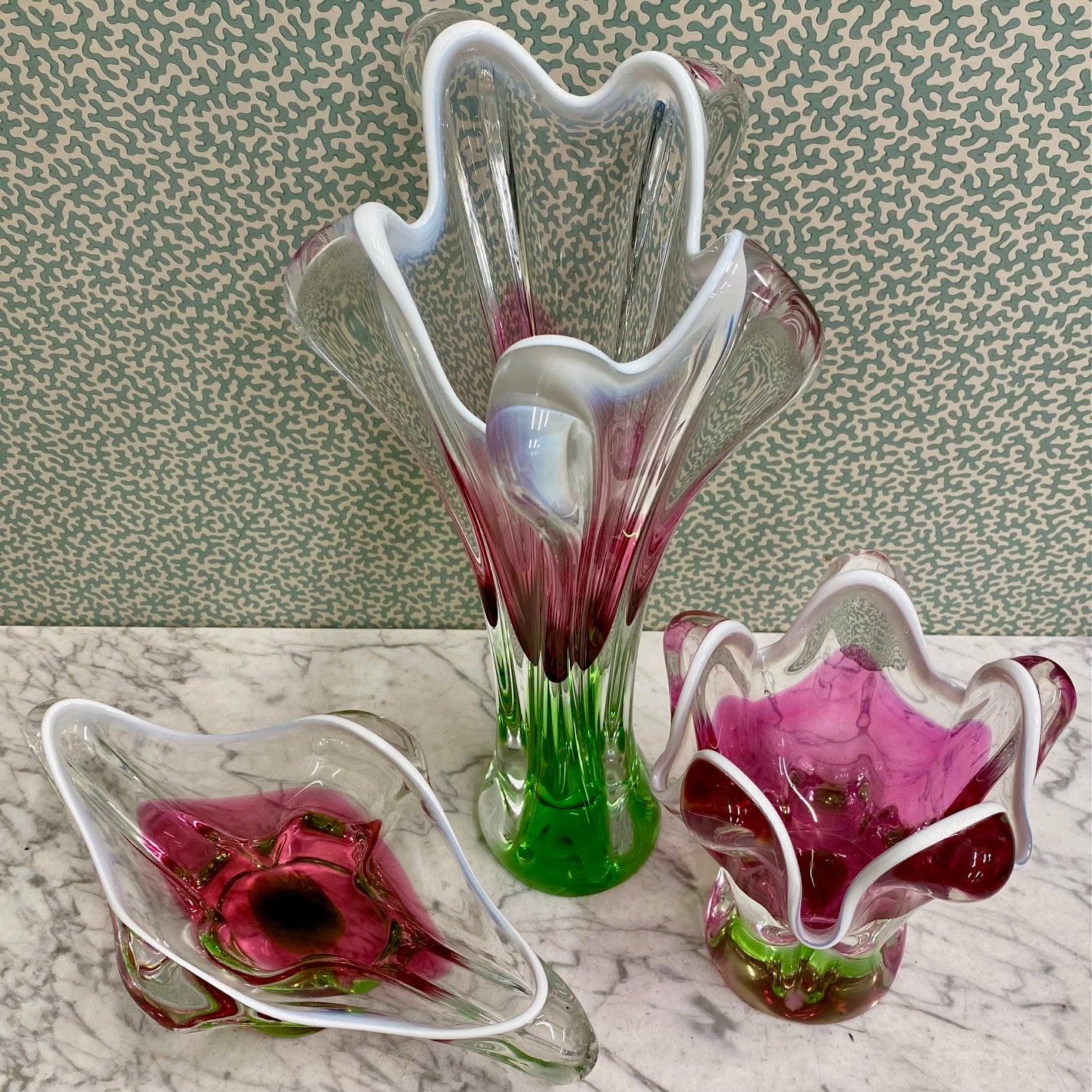 1970's Czech Chribska Boheim Trio of Pink and Green Decorative Glass by Josef Hospodka