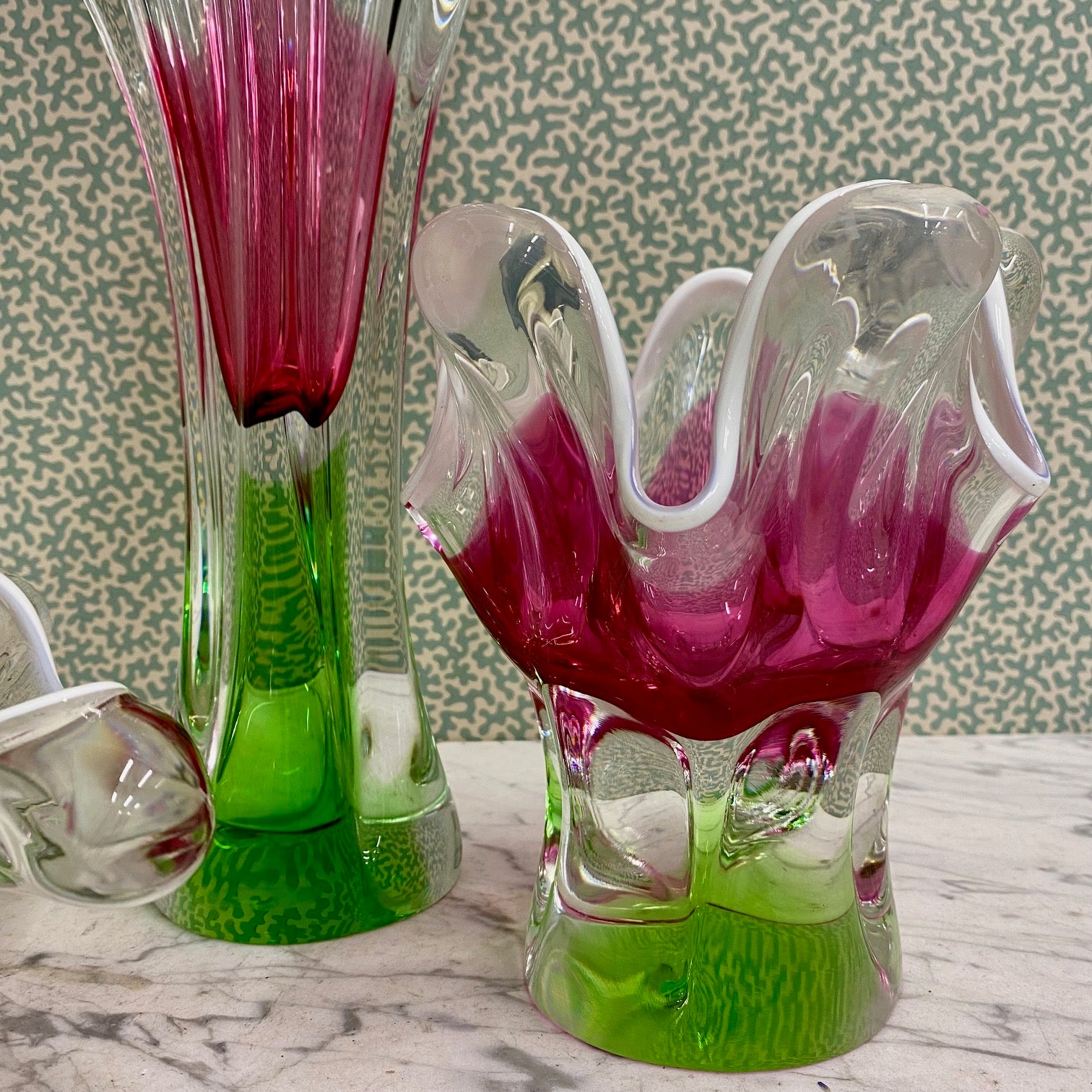 1970's Czech Chribska Boheim Trio of Pink and Green Decorative Glass by Josef Hospodka