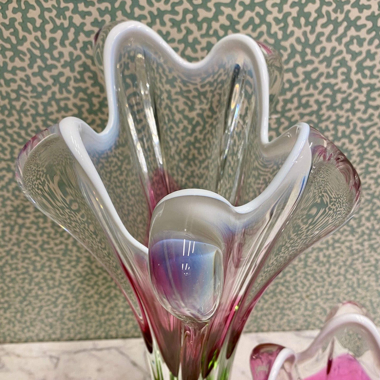 1970's Czech Chribska Boheim Trio of Pink and Green Decorative Glass by Josef Hospodka