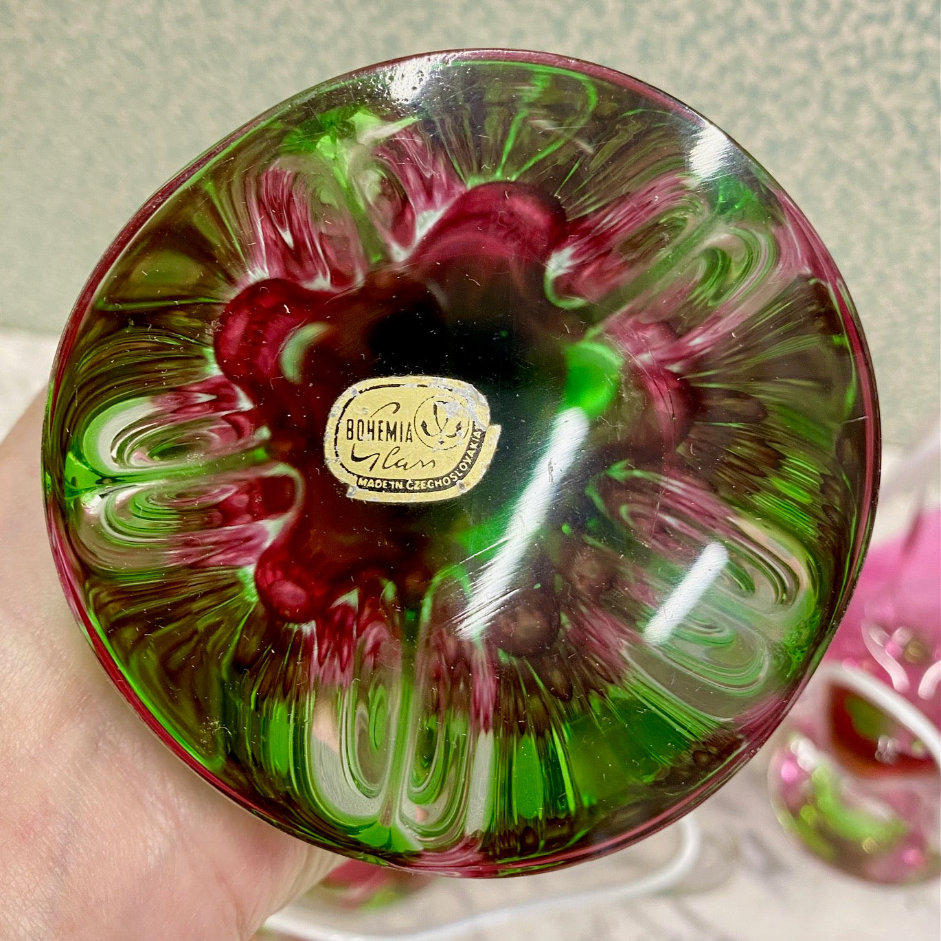 1970's Czech Chribska Boheim Trio of Pink and Green Decorative Glass by Josef Hospodka