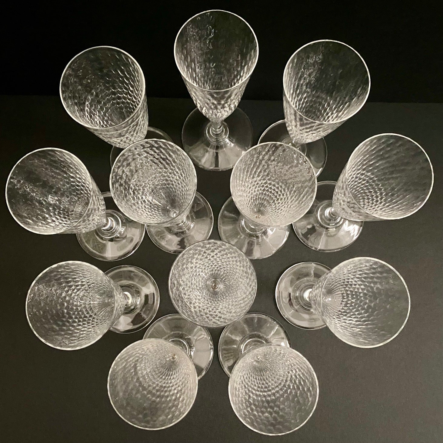 Set 12 1960's Dimpled Crystal Champagne Flutes