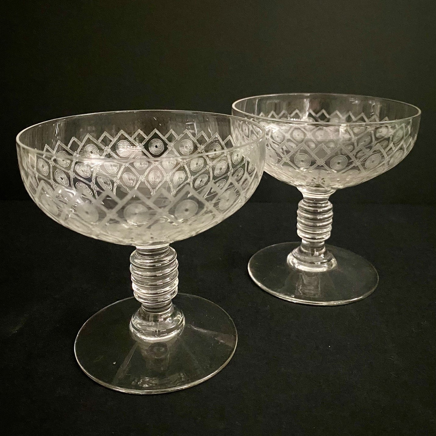 Pair Etched Champagne Coupes