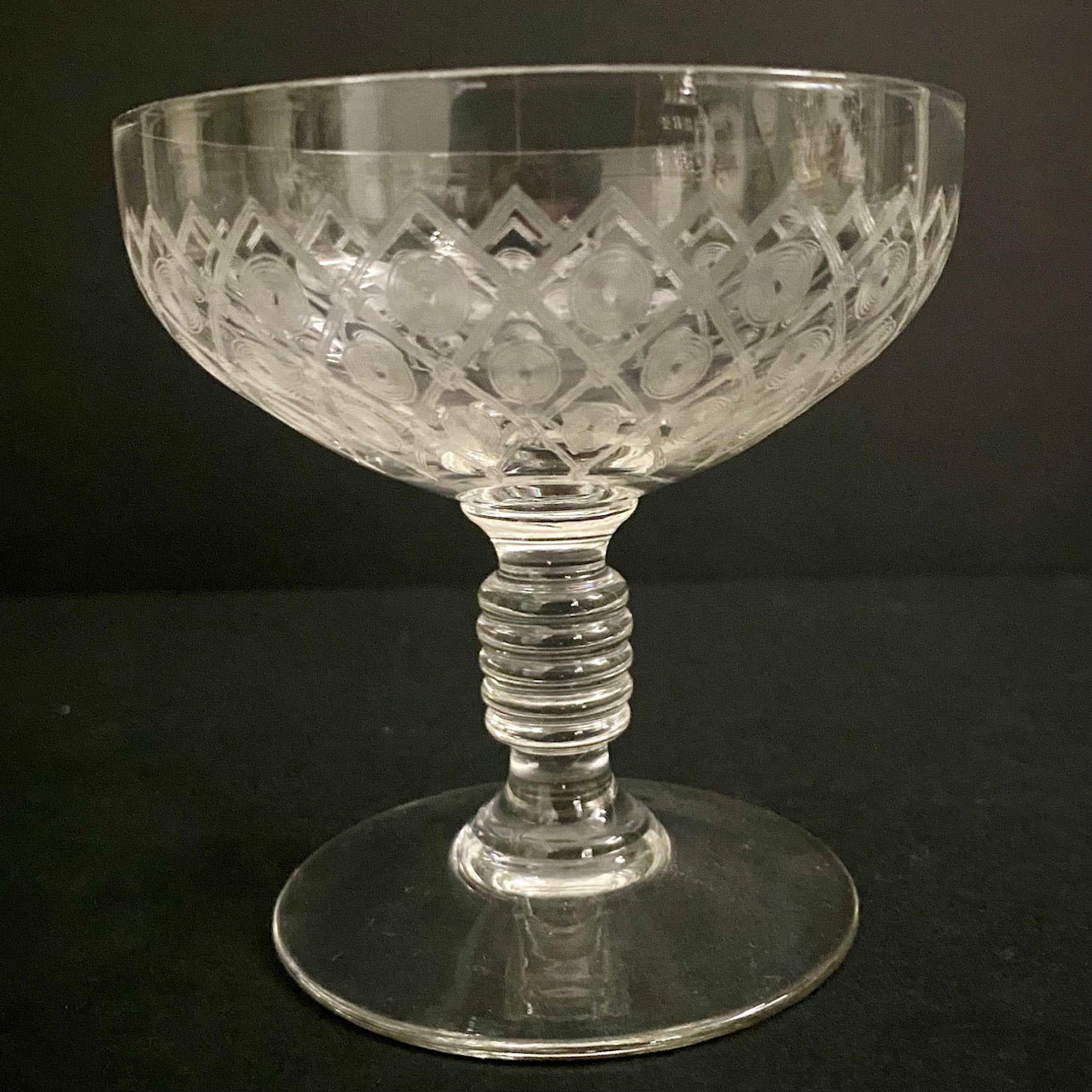 Pair Etched Champagne Coupes