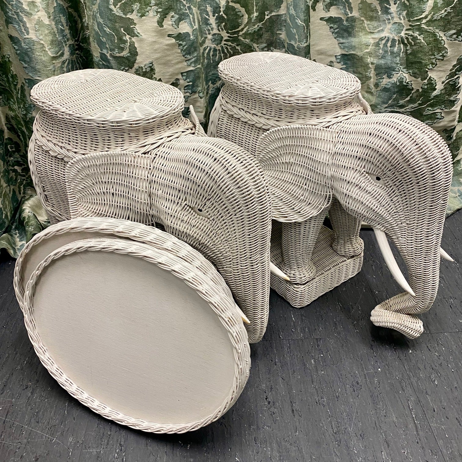 Epic Pair 1970's White Wicker Elephant Tables