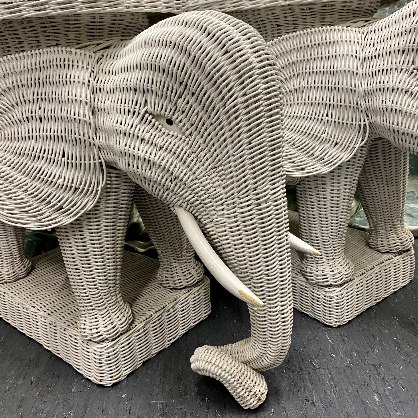Epic Pair 1970's White Wicker Elephant Tables
