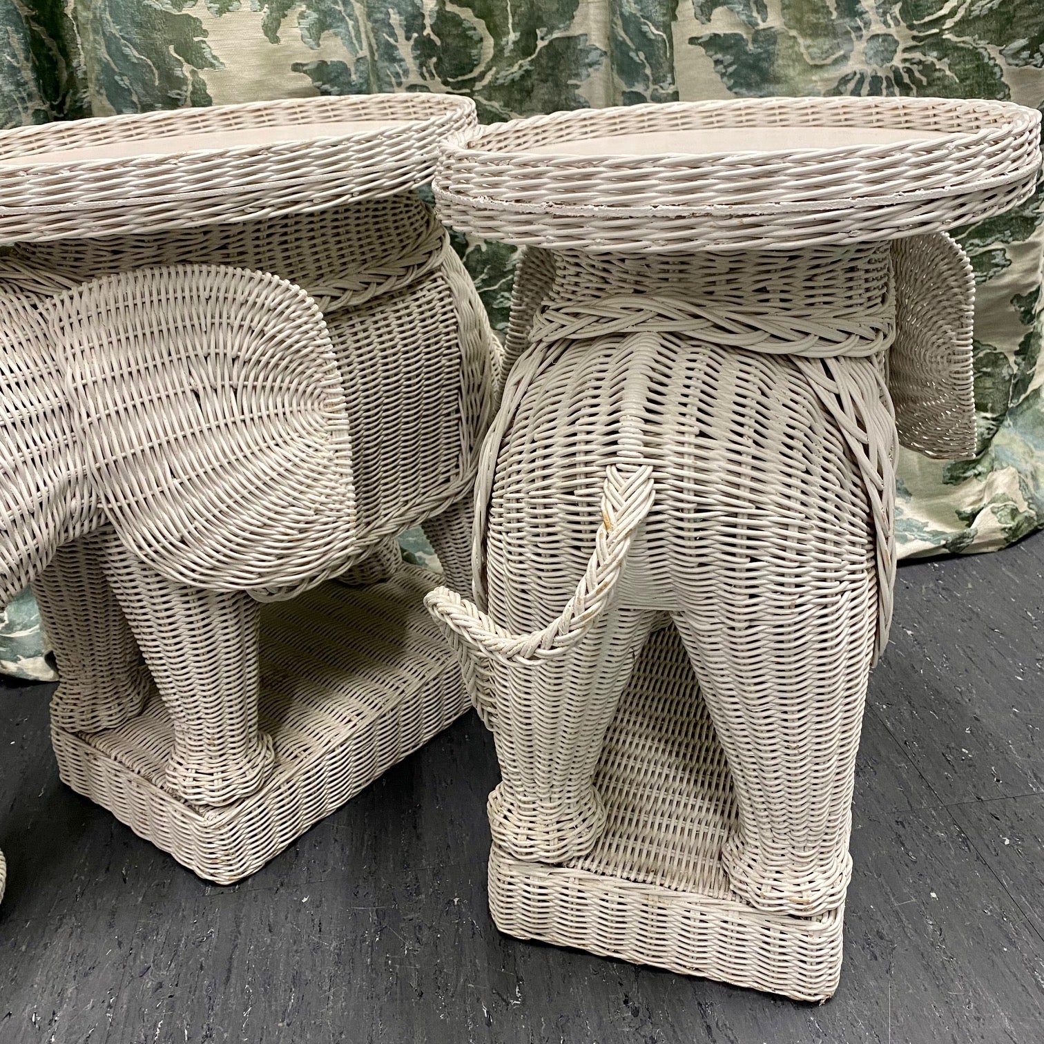 Epic Pair 1970's White Wicker Elephant Tables