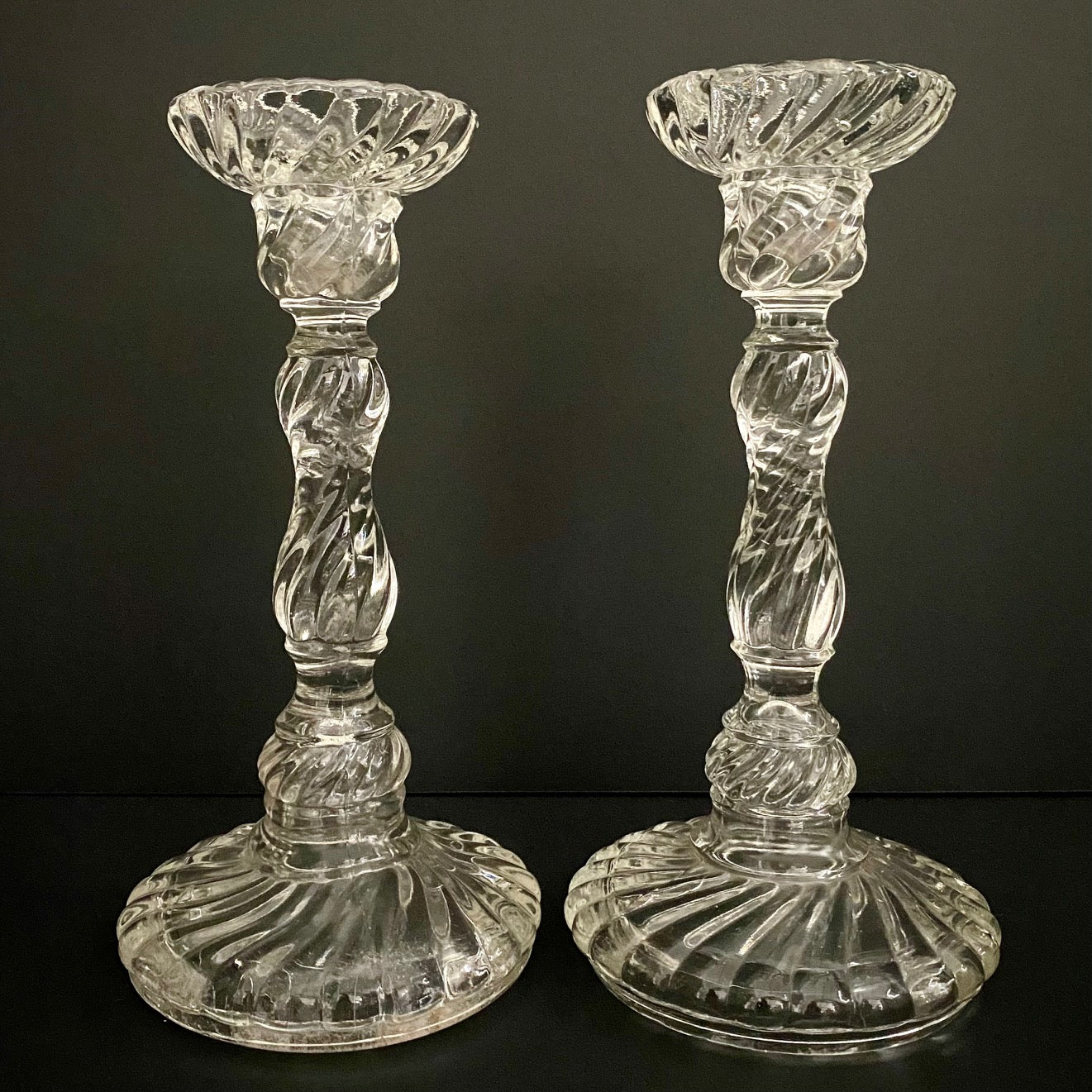 Pair Vintage Pressed Glass Twist Candlesticks