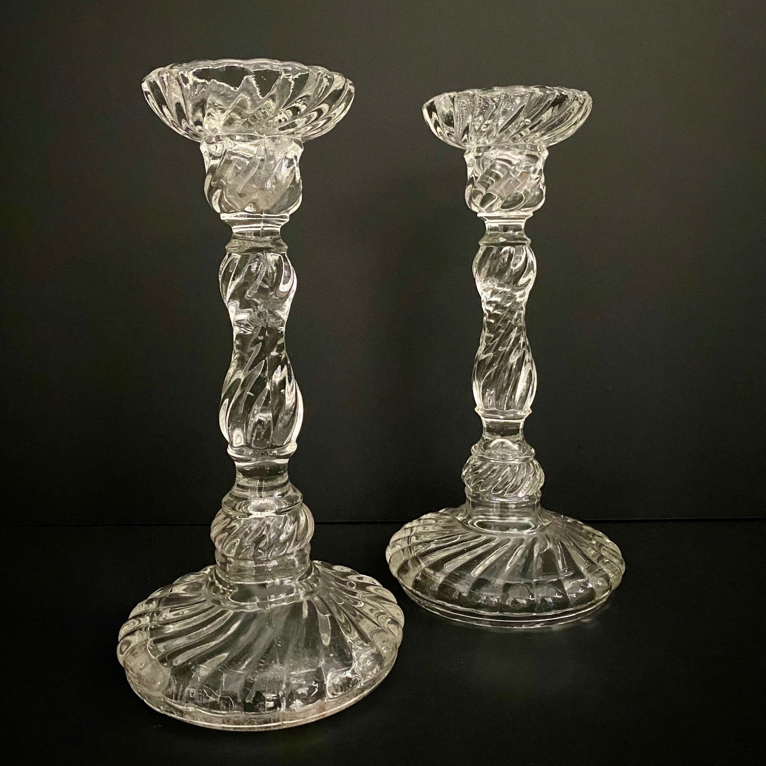 Pair Vintage Pressed Glass Twist Candlesticks