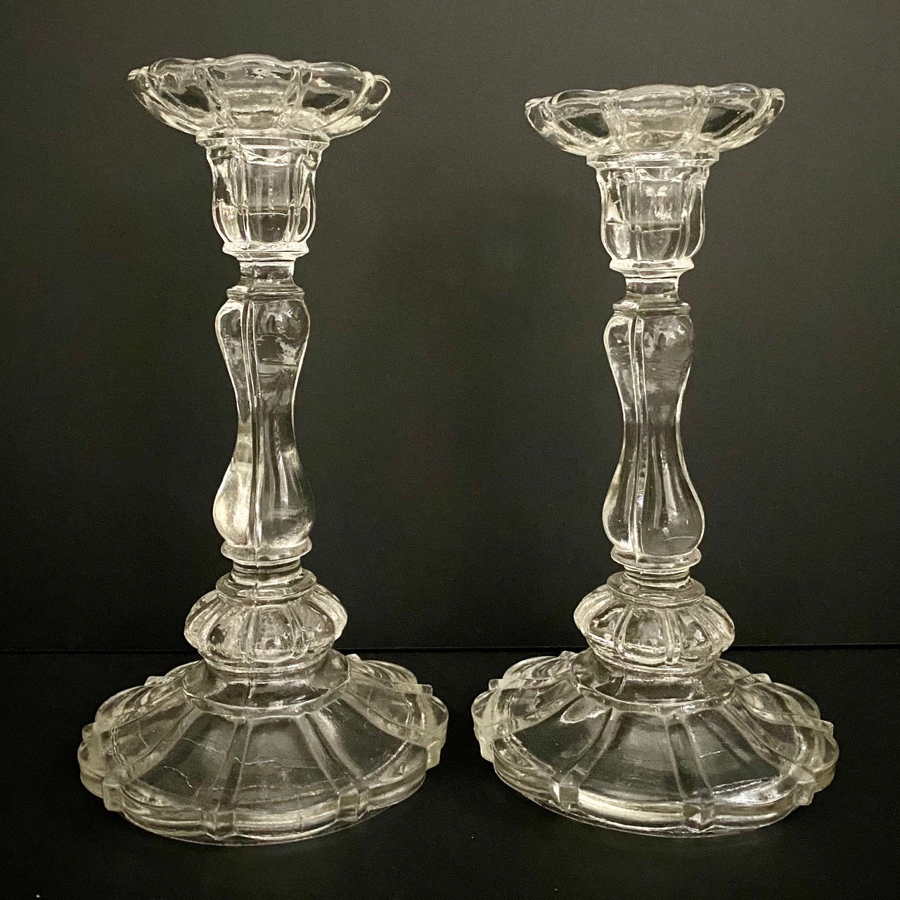Pair Vintage Pressed Glass Candlesticks
