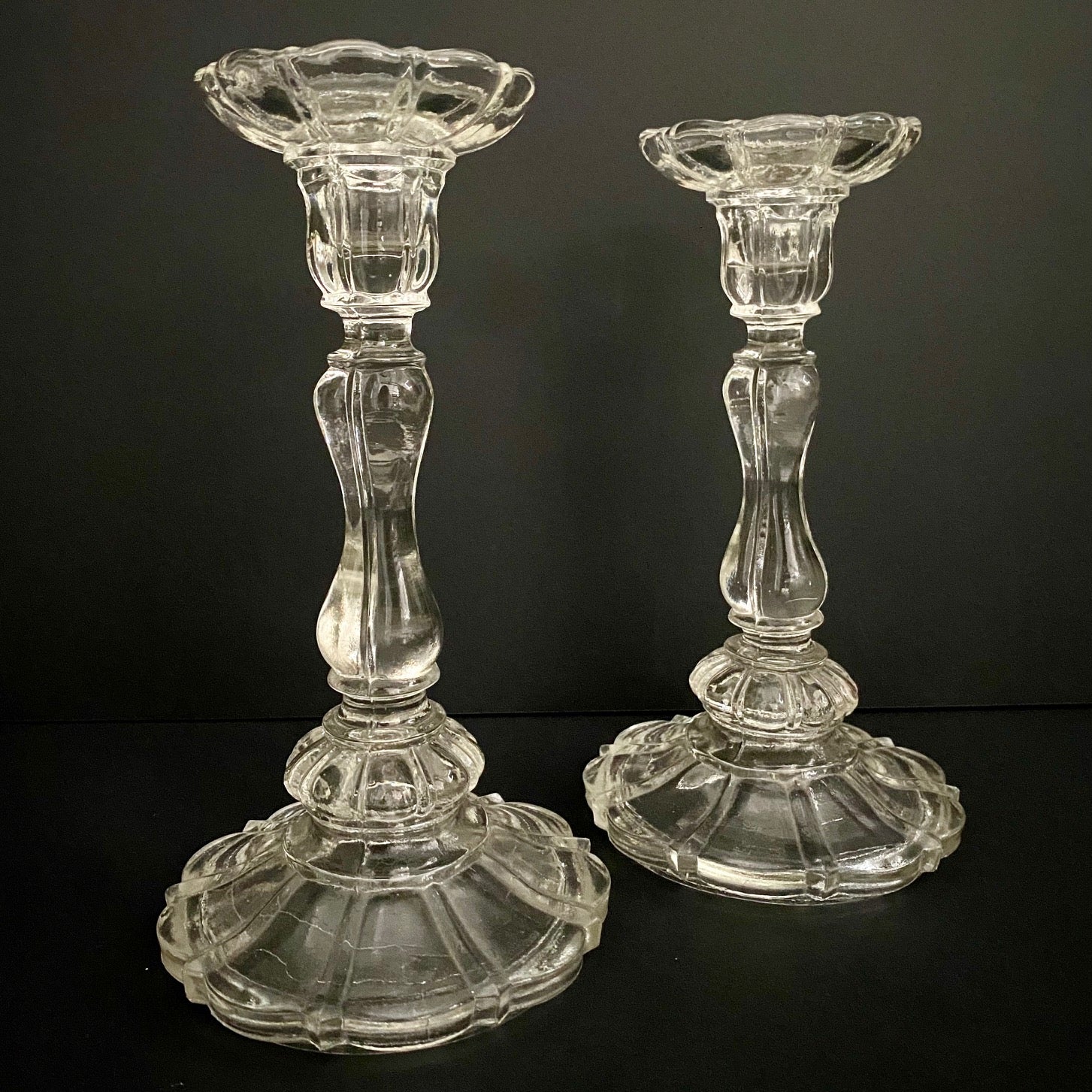Pair Vintage Pressed Glass Candlesticks