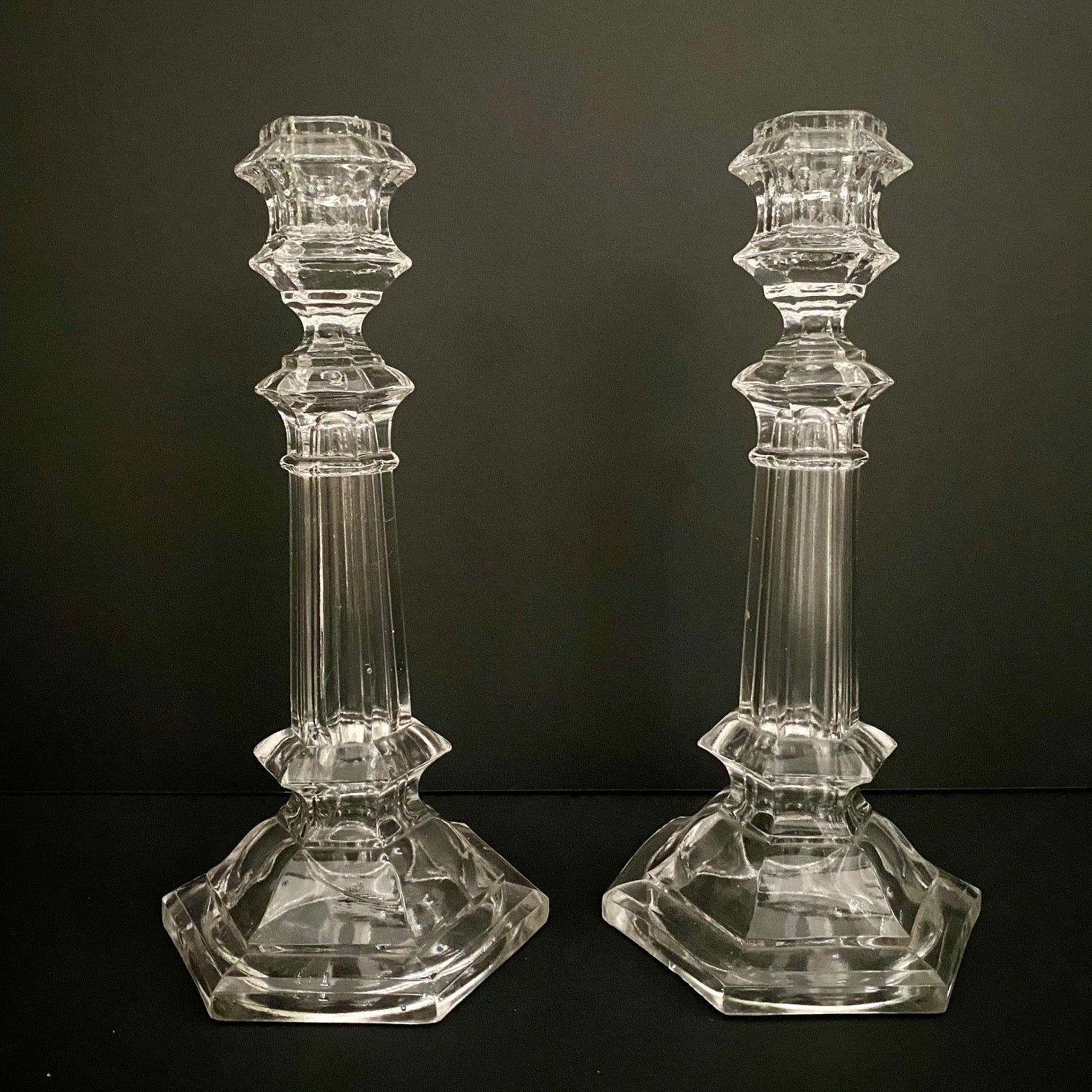 Pair Val St Lambert Belgian Crystal Glass Candlesticks
