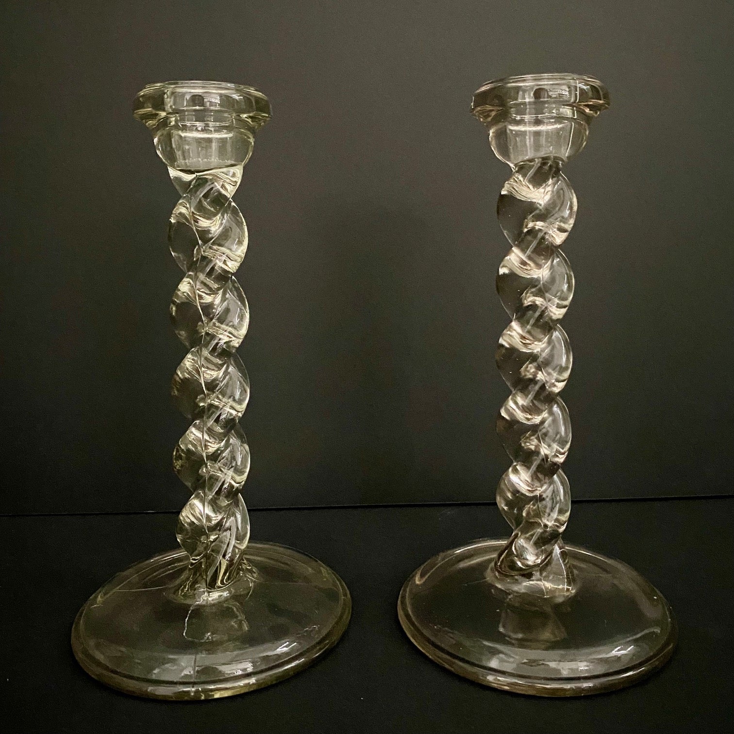 Art Deco Barley Twist Glass Candlesticks