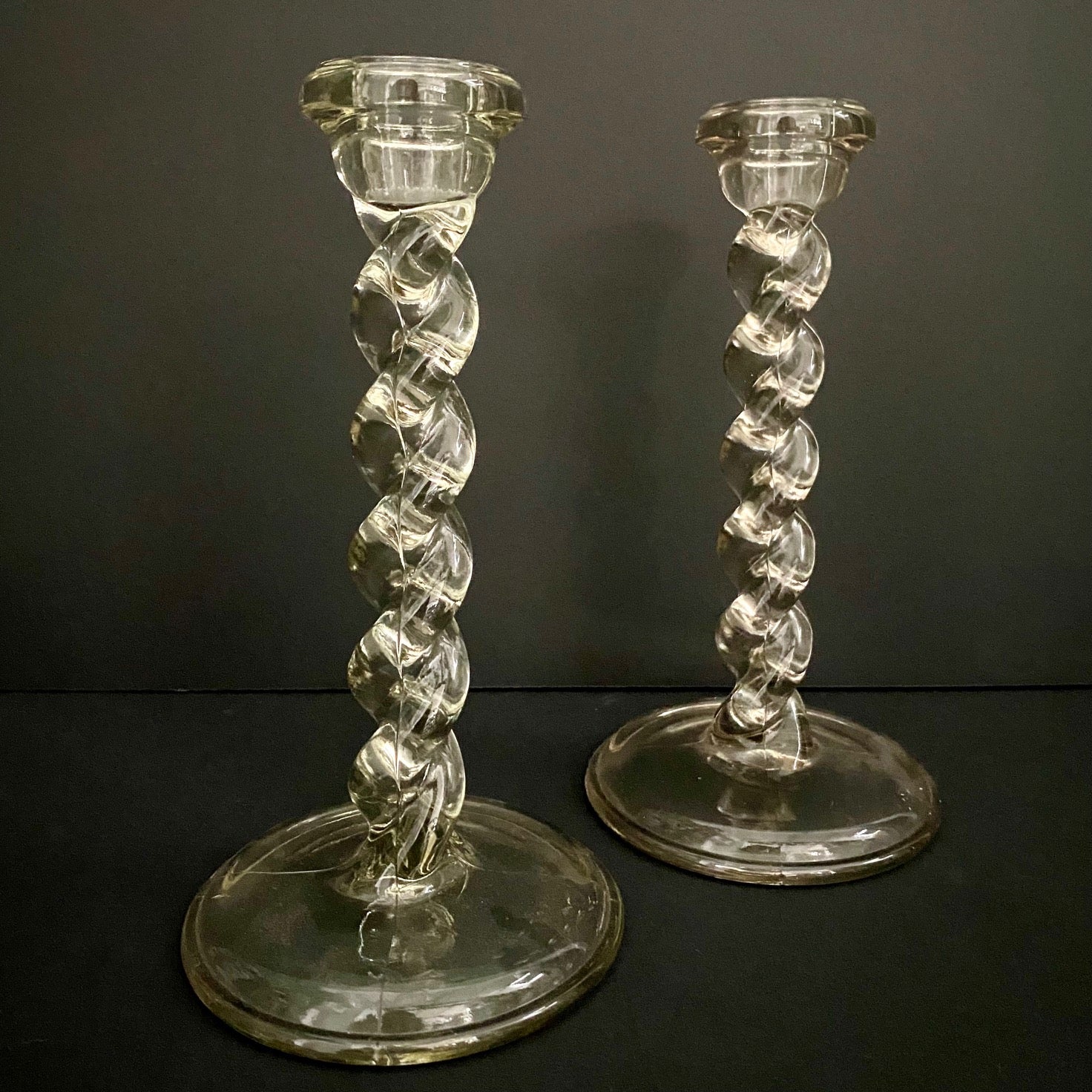 Art Deco Barley Twist Glass Candlesticks