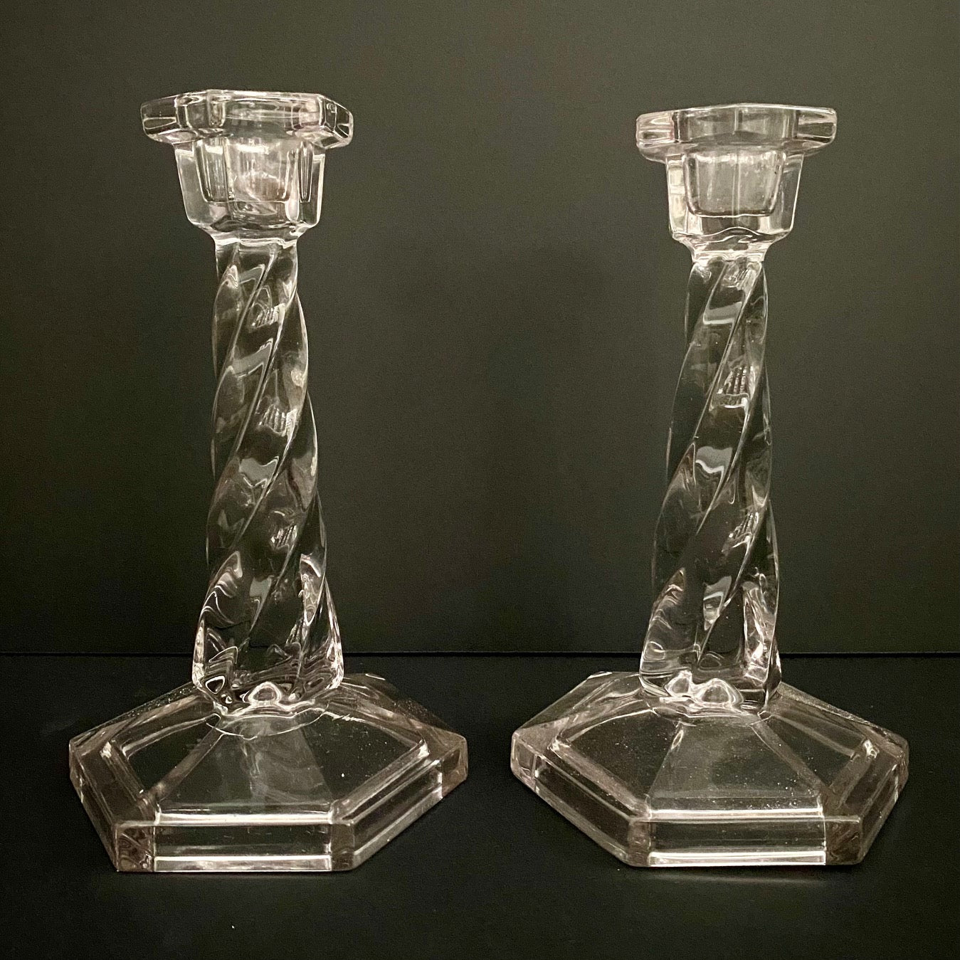Pair Art Deco Twist Glass Candlesticks on Hexagonal Bases