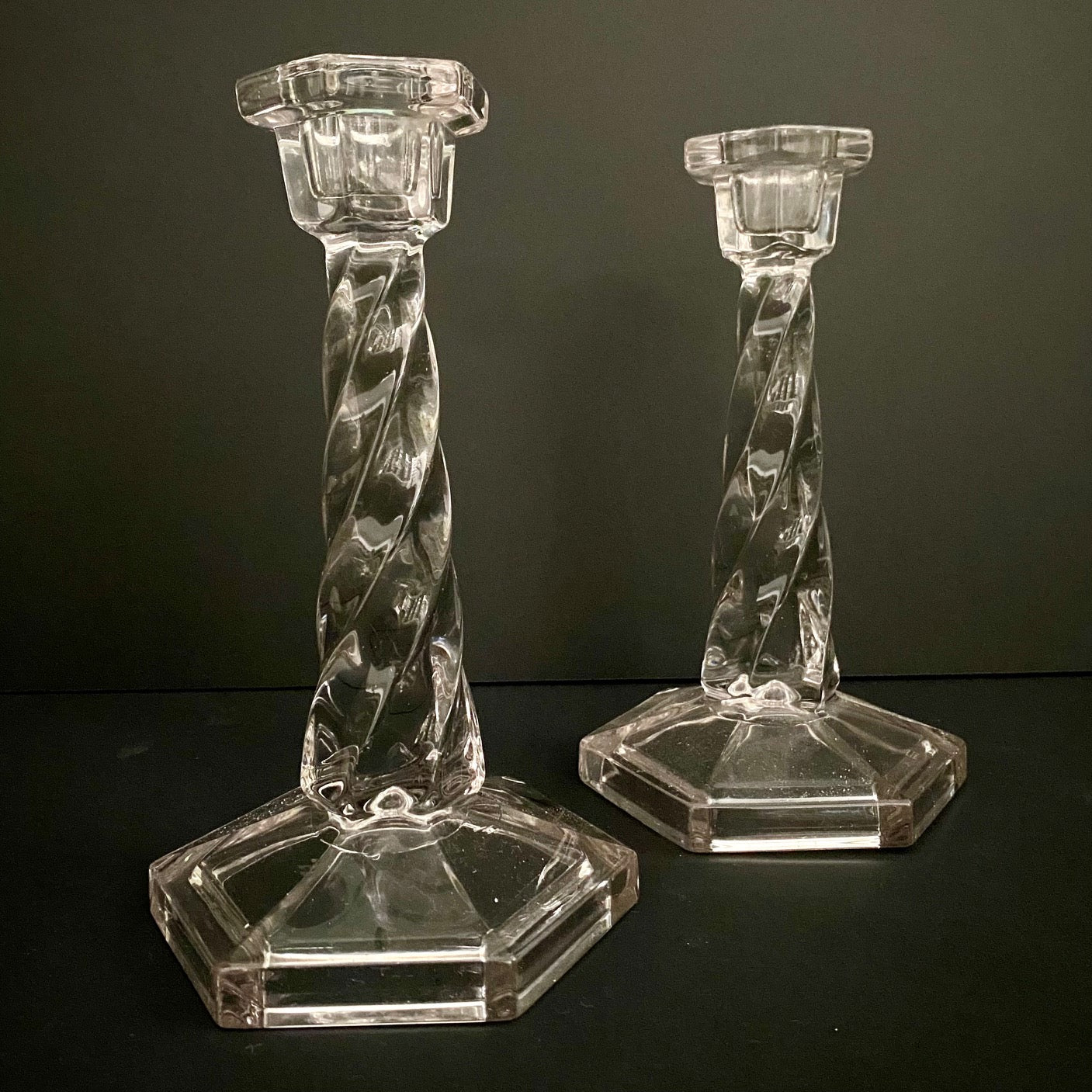 Pair Art Deco Twist Glass Candlesticks on Hexagonal Bases
