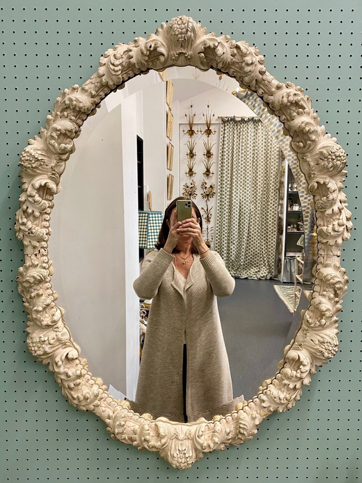 Antique Italian Carved Wood Oval Mirror