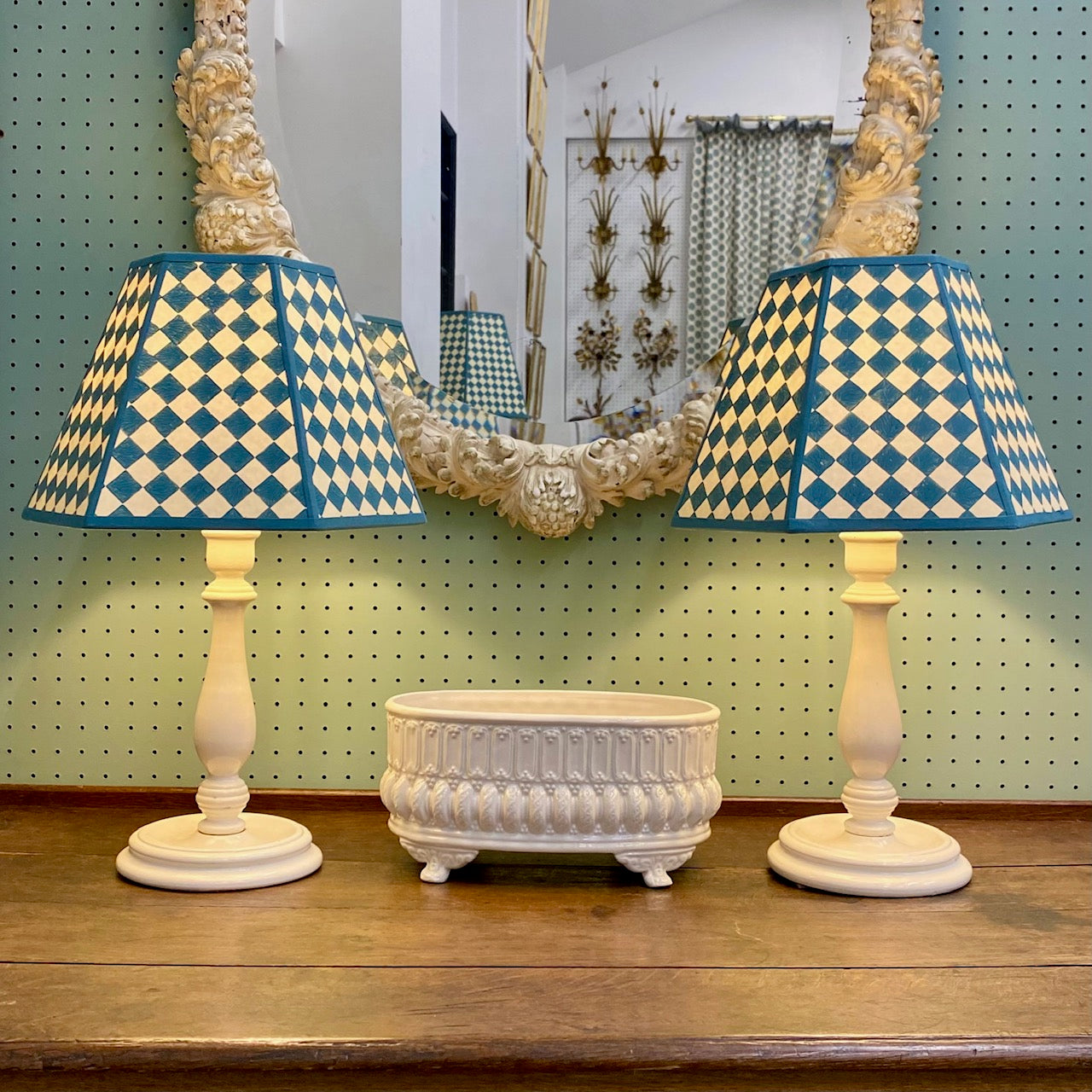 Pair Vintage Cream Wooden Lamps