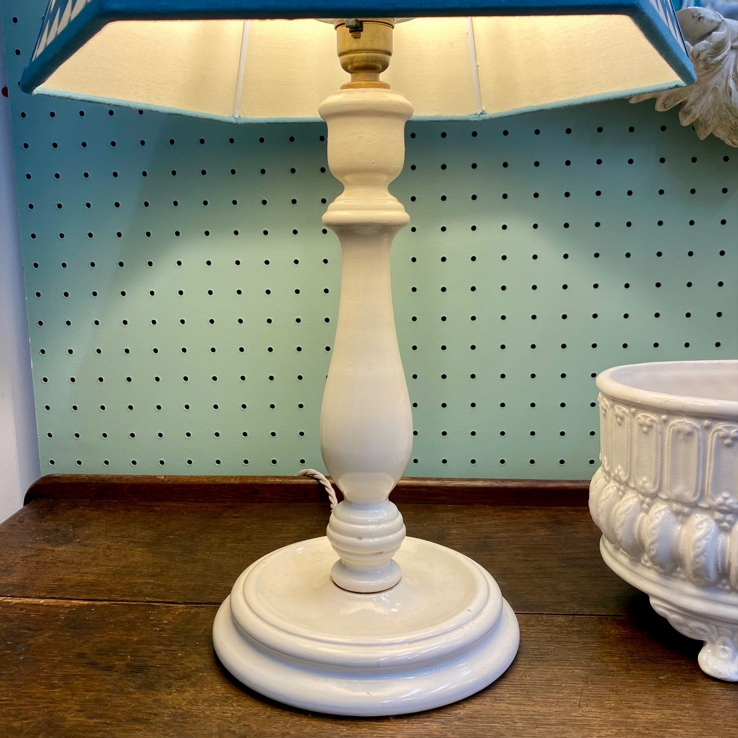 Pair Vintage Cream Wooden Lamps