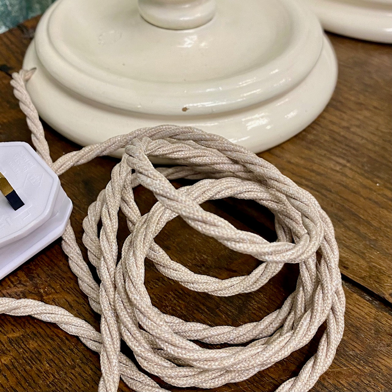 Pair Vintage Cream Wooden Lamps