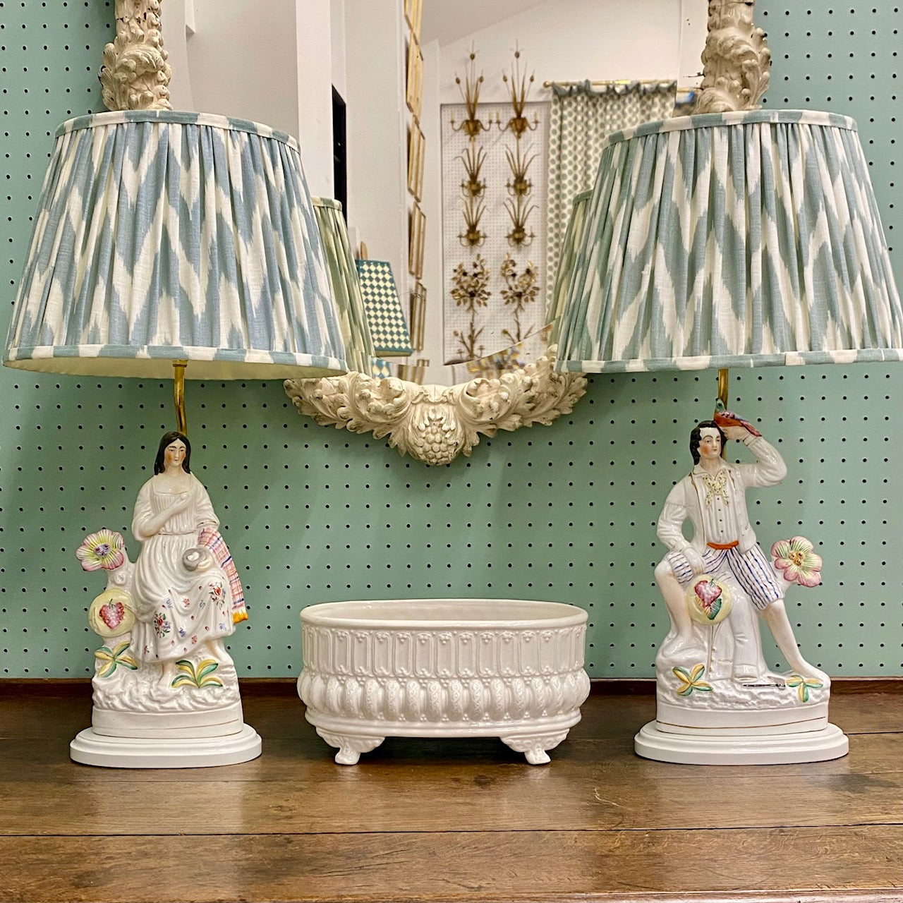 Pair Rare Exquisite Antique Staffordshire Woodsman Lamps