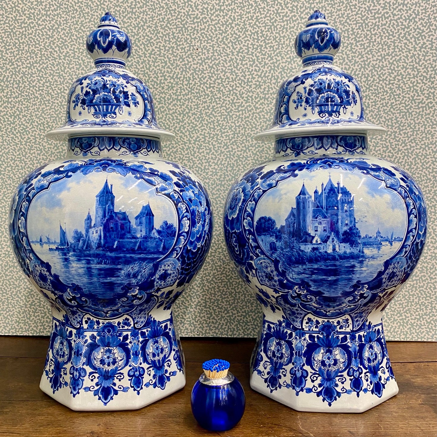 Pair Huge Fabulous Royal Delft Porceleyne Fles Hand Painted Blue & White Ginger Jars
