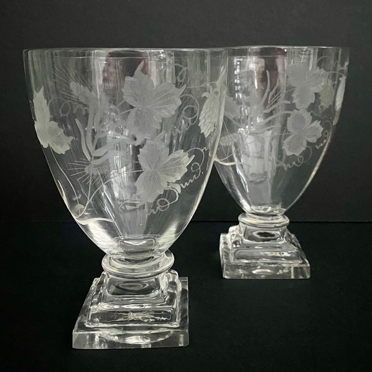 Pair Victorian Crystal Hand Blown Engraved Beer Rummers