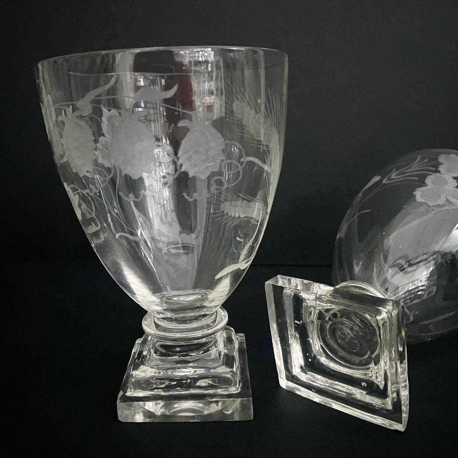 Pair Victorian Crystal Hand Blown Engraved Beer Rummers