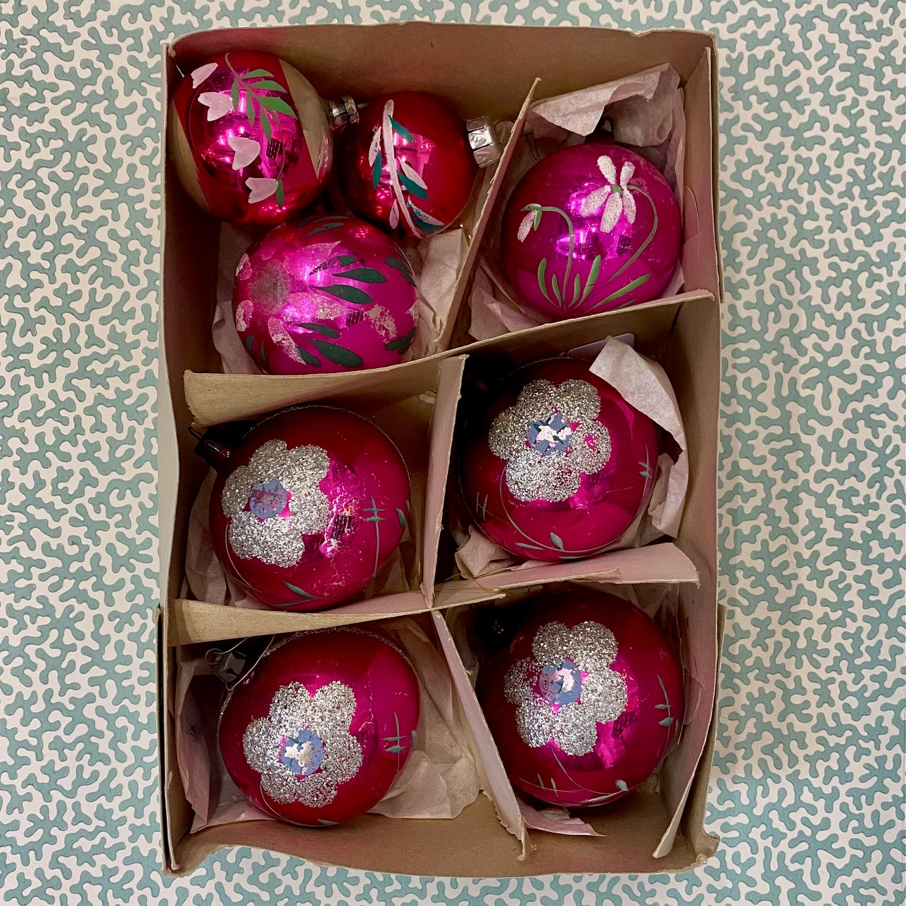 Vintage Glass Pink baubles, Mixed Set of 8