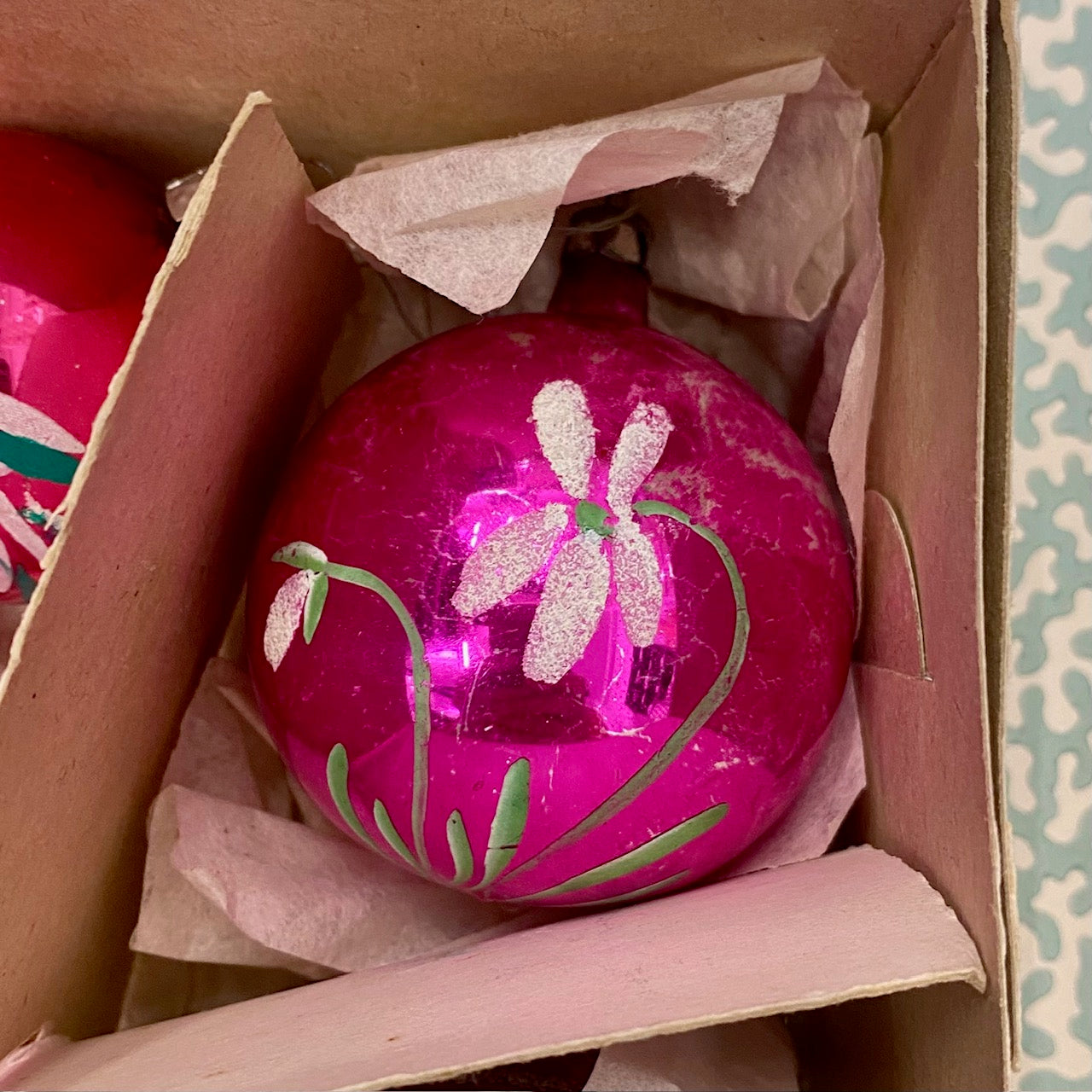 Vintage Glass Pink baubles, Mixed Set of 8