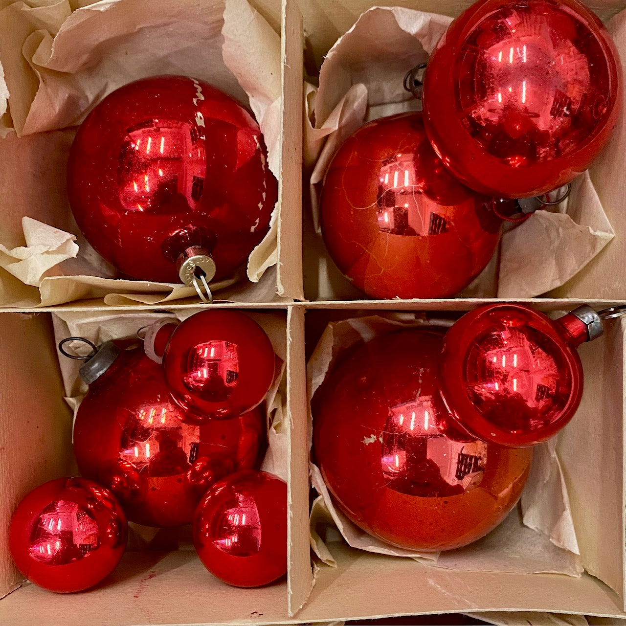 Collection of 20 Berry Red Mercury Glass baubles, Mixed Sizes