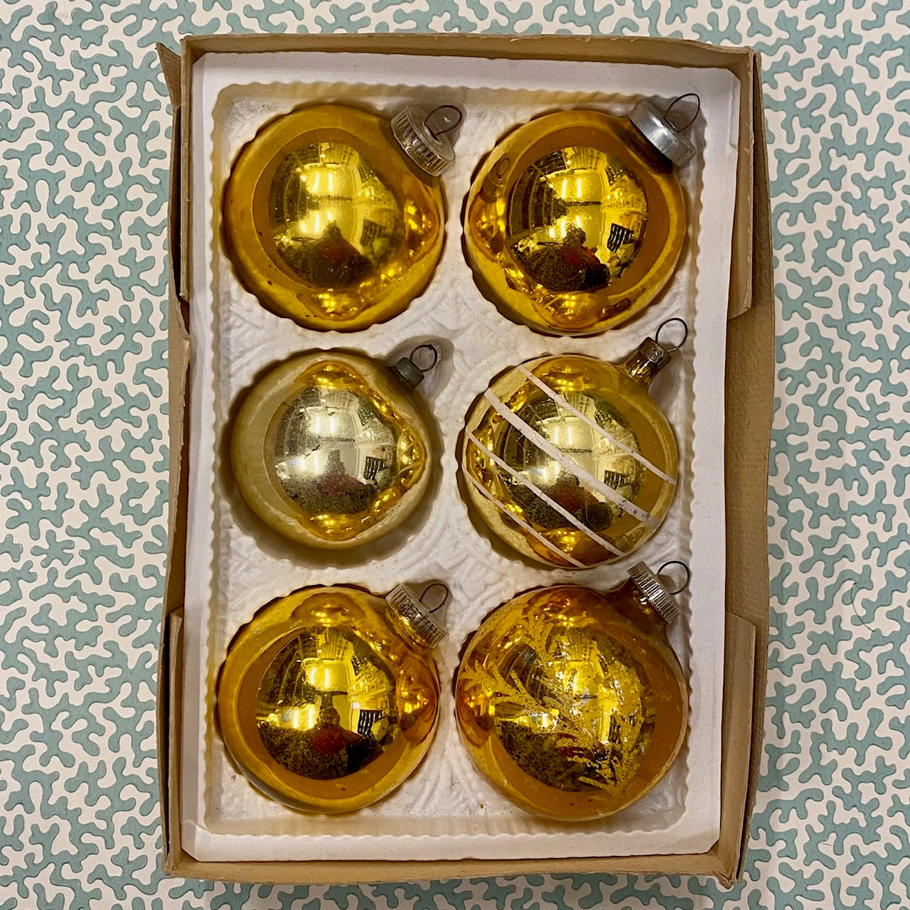 Gold Mercury Glass Baubles, Mixed Patterns and Tones, Box of 6