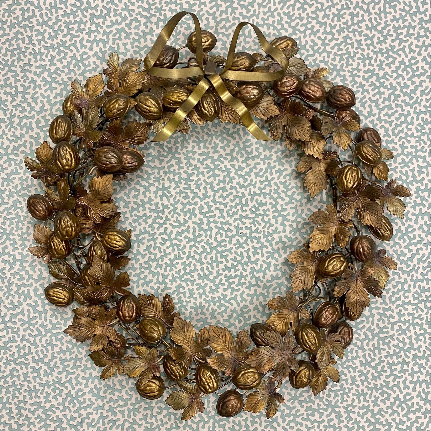 Fabulous Large Vintage Brass Wreath with Walnuts and Leaves