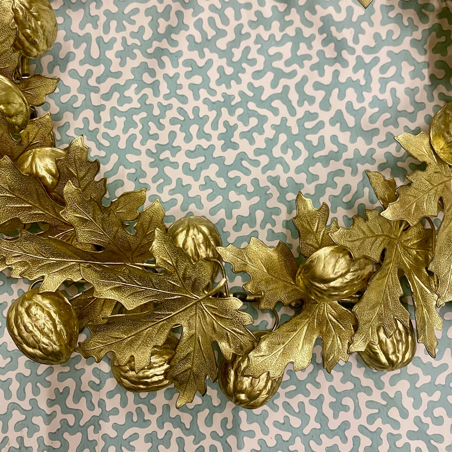 Stunning Vintage Medium Brass Wreath with Walnuts and Leaves