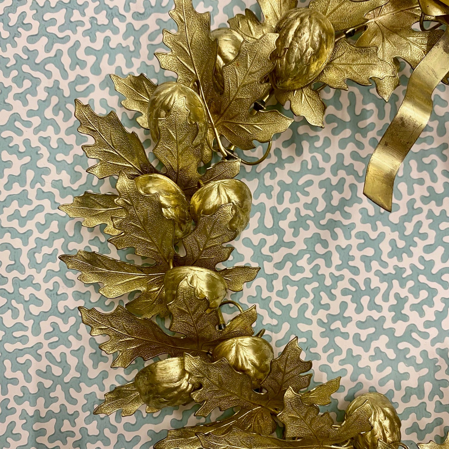 Stunning Vintage Medium Brass Wreath with Walnuts and Leaves