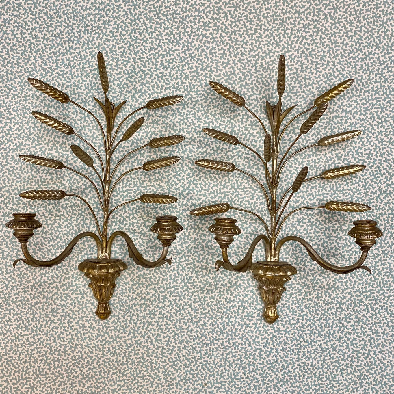 Pair Silver Gilt Wheatsheaf Double Sconces