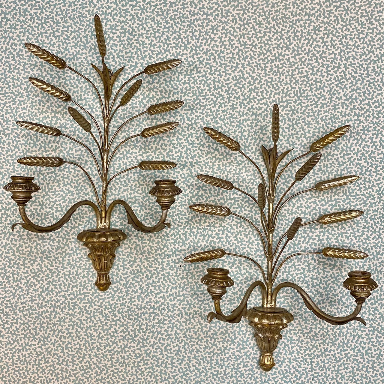 Pair Silver Gilt Wheatsheaf Double Sconces