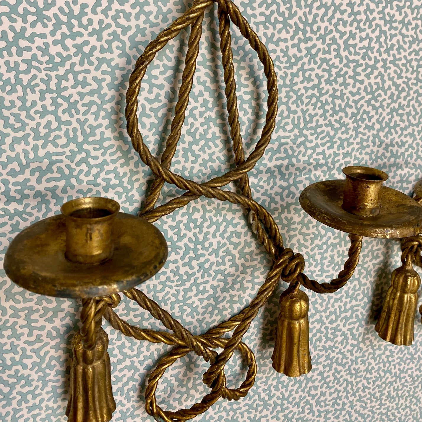 Pair Rope & Tassel Gilt Metal Italian Double Candle Sconces