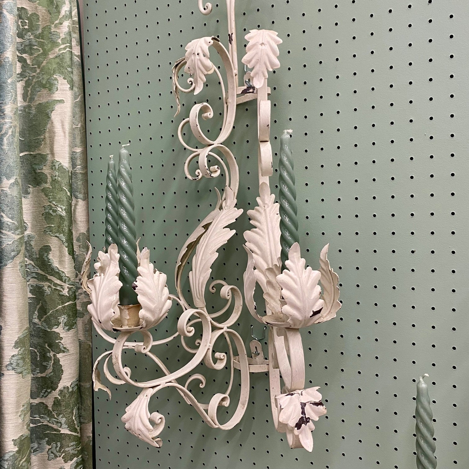 Pair of Large Vintage White Metal Painted Triple Candle Sconces