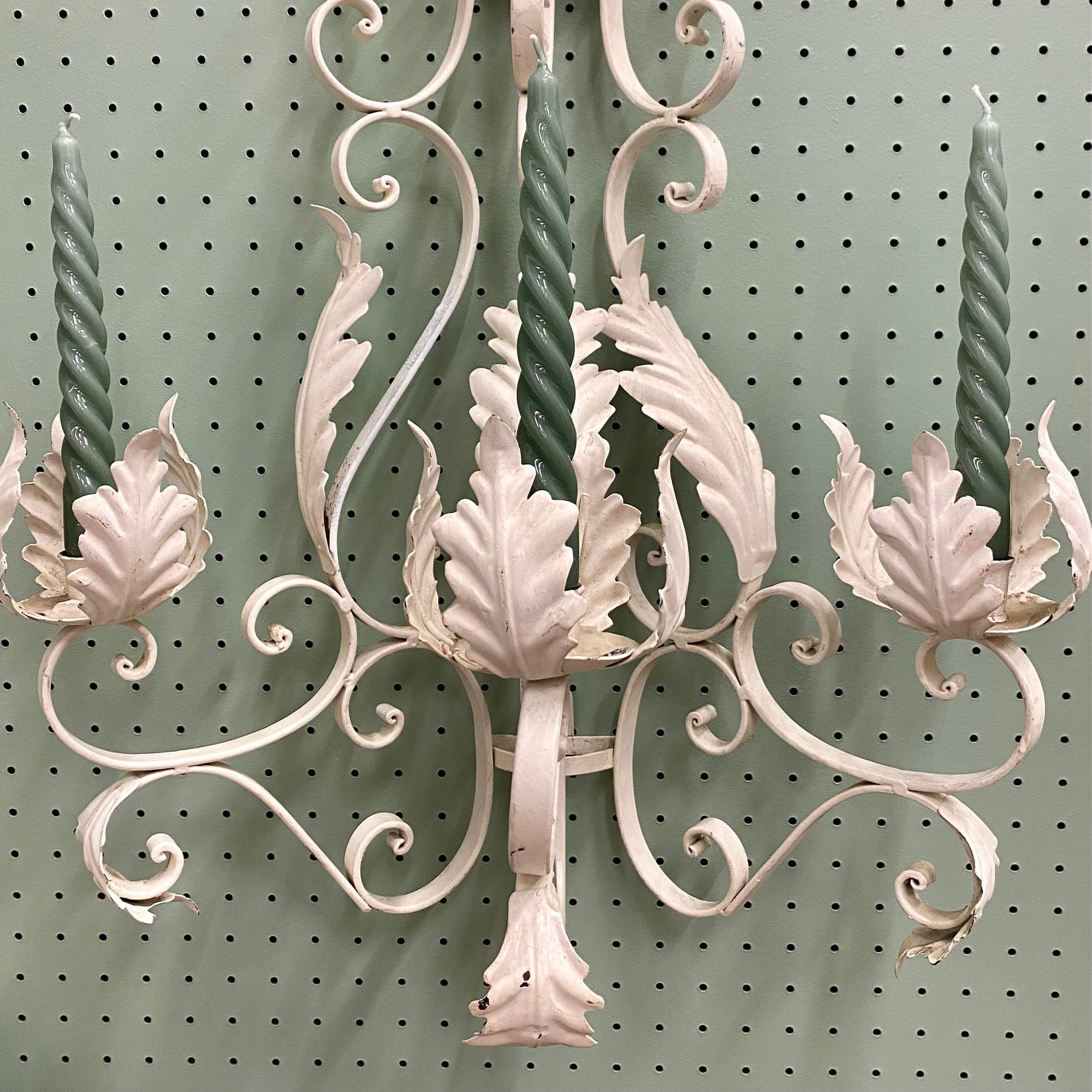 Pair of Large Vintage White Metal Painted Triple Candle Sconces