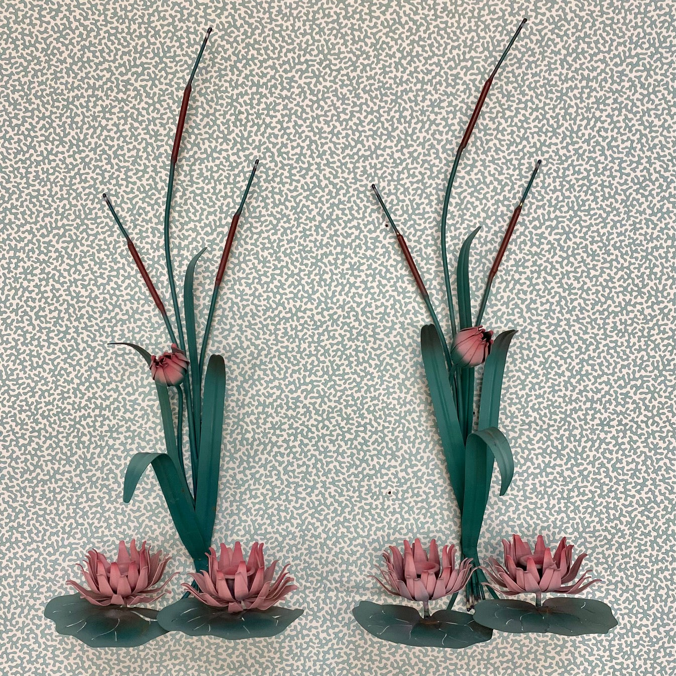 Pair Stunning Vintage Toleware Pink Water Lily and Bullrush Candle Sconces