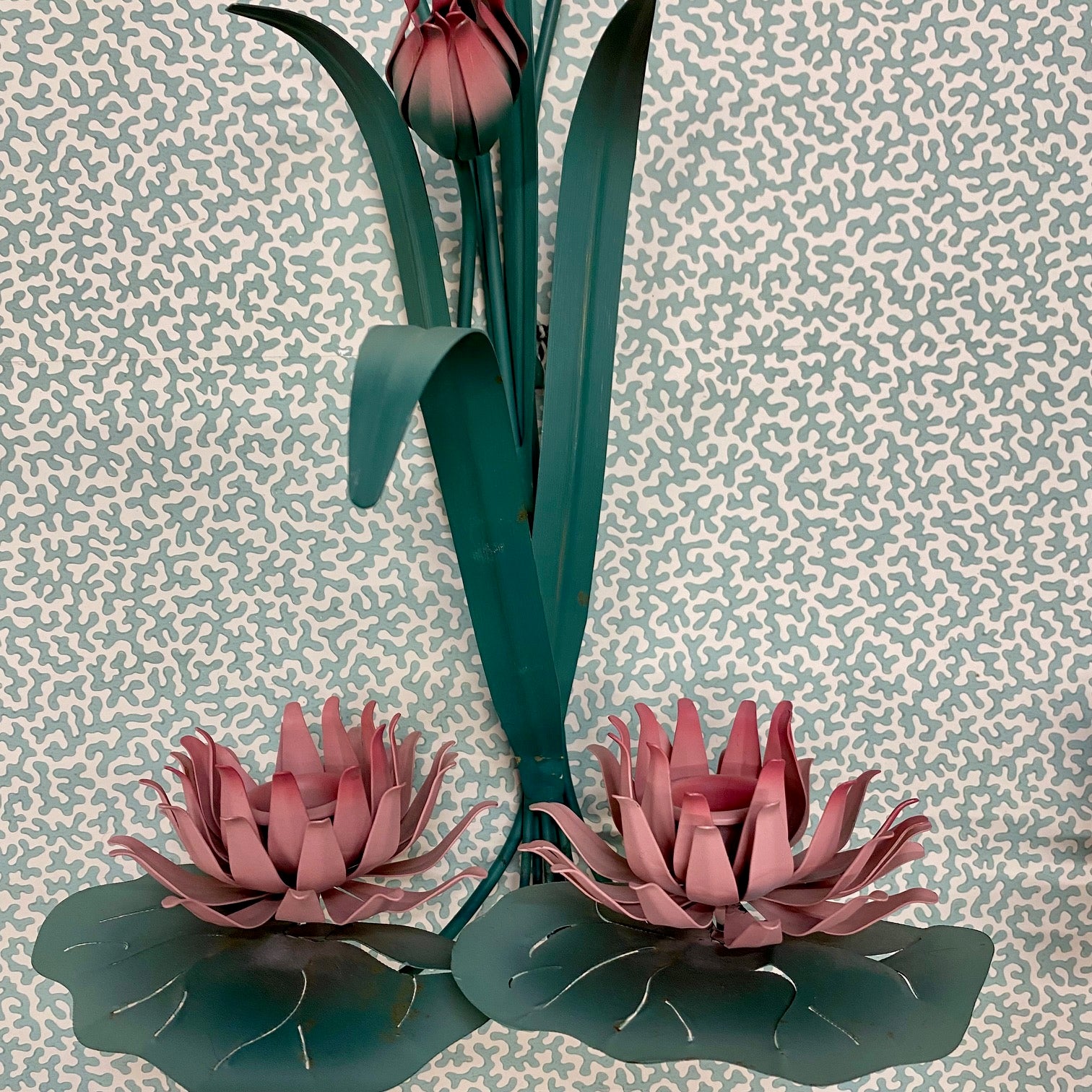 Pair Stunning Vintage Toleware Pink Water Lily and Bullrush Candle Sconces