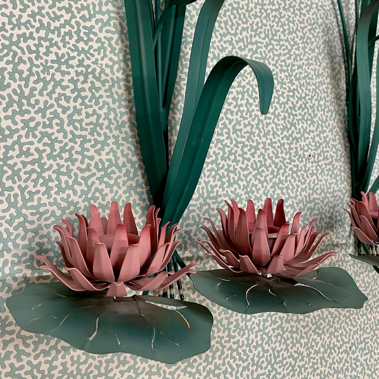 Pair Stunning Vintage Toleware Pink Water Lily and Bullrush Candle Sconces