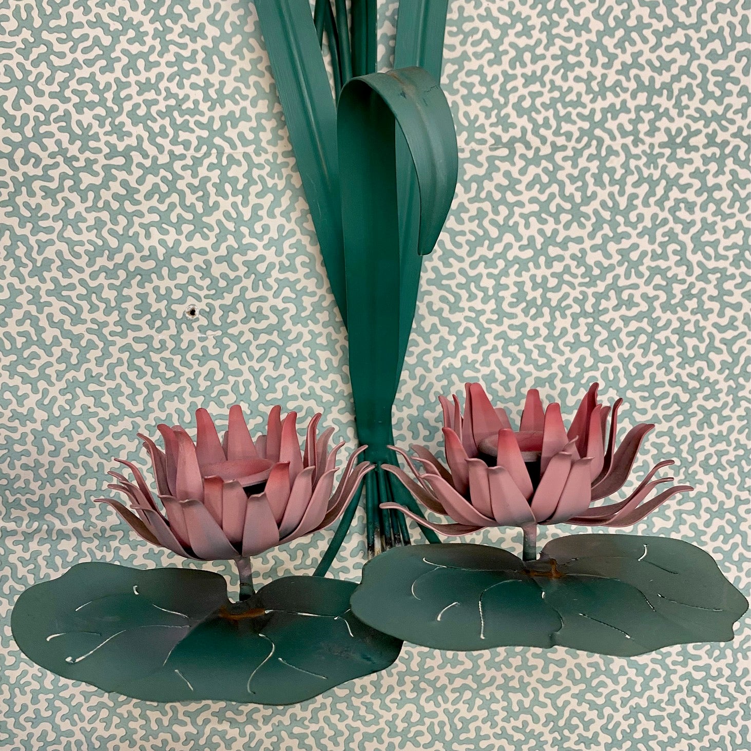 Pair Stunning Vintage Toleware Pink Water Lily and Bullrush Candle Sconces