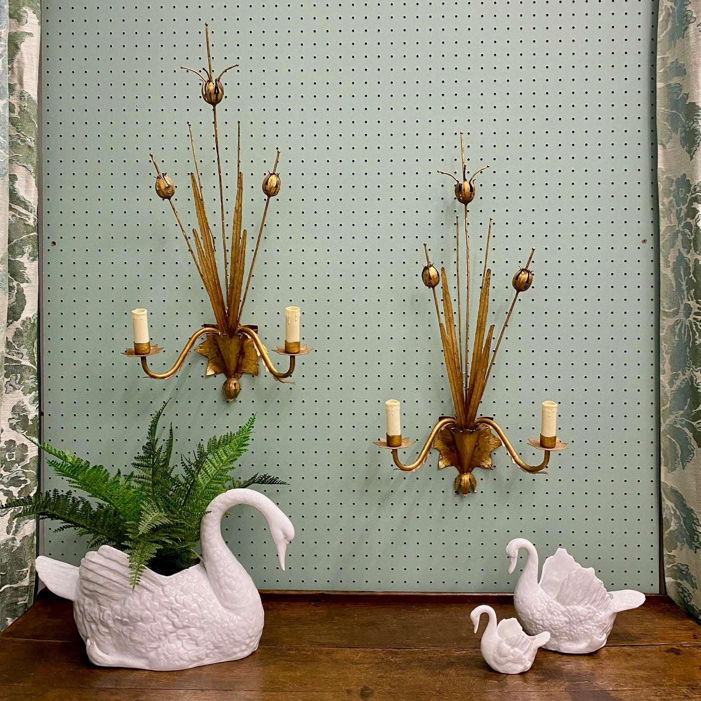 Pair Large Italian Vintage Gold Tole Sconces with Flower Heads