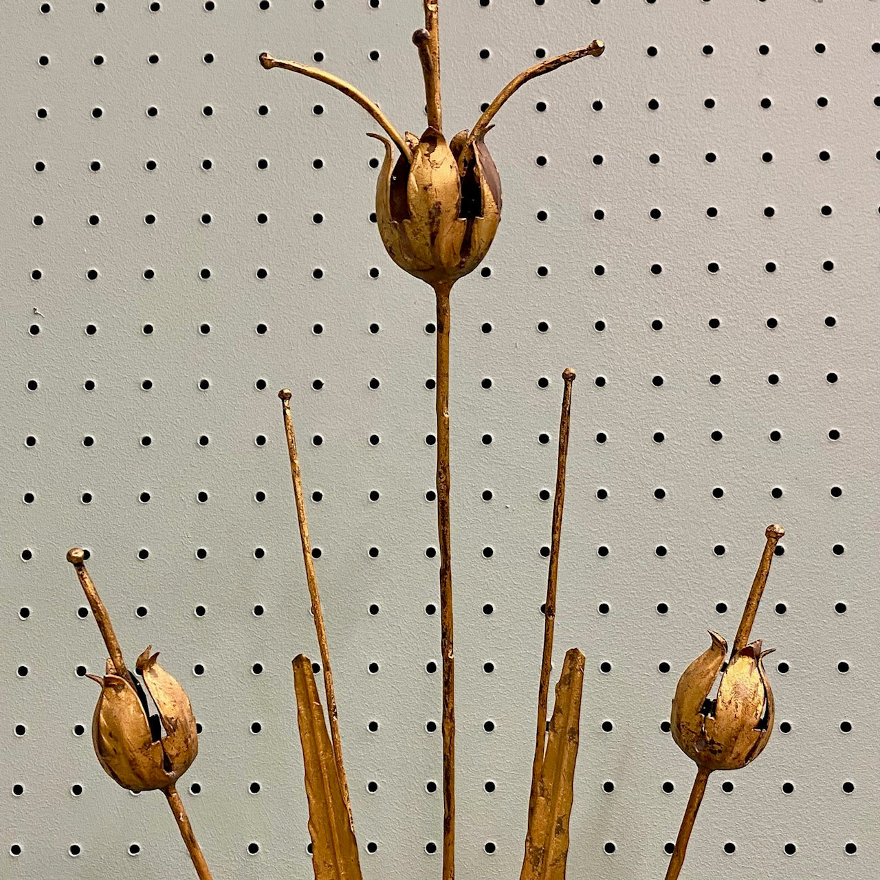 Pair Large Italian Vintage Gold Tole Sconces with Flower Heads