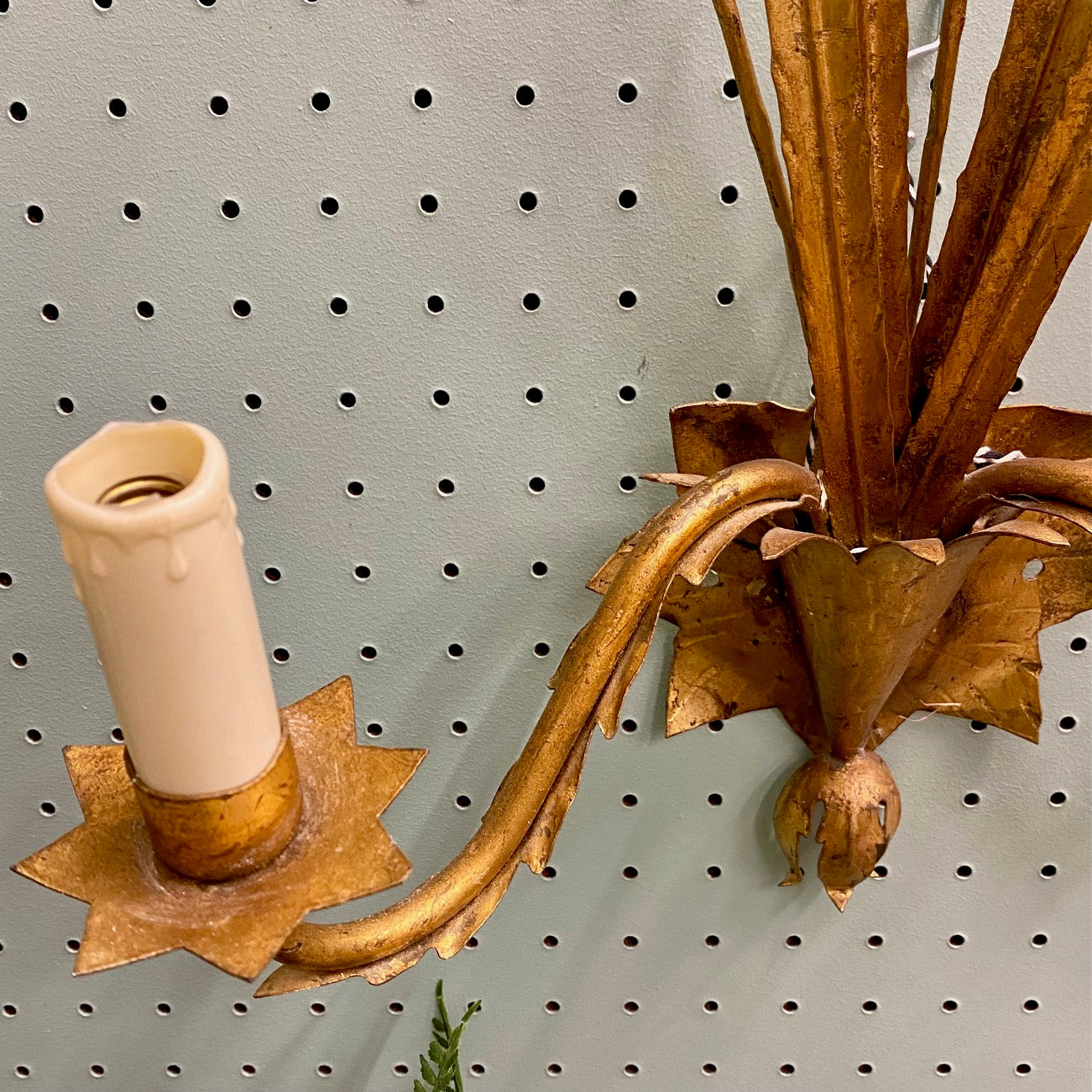 Pair Large Italian Vintage Gold Tole Sconces with Flower Heads