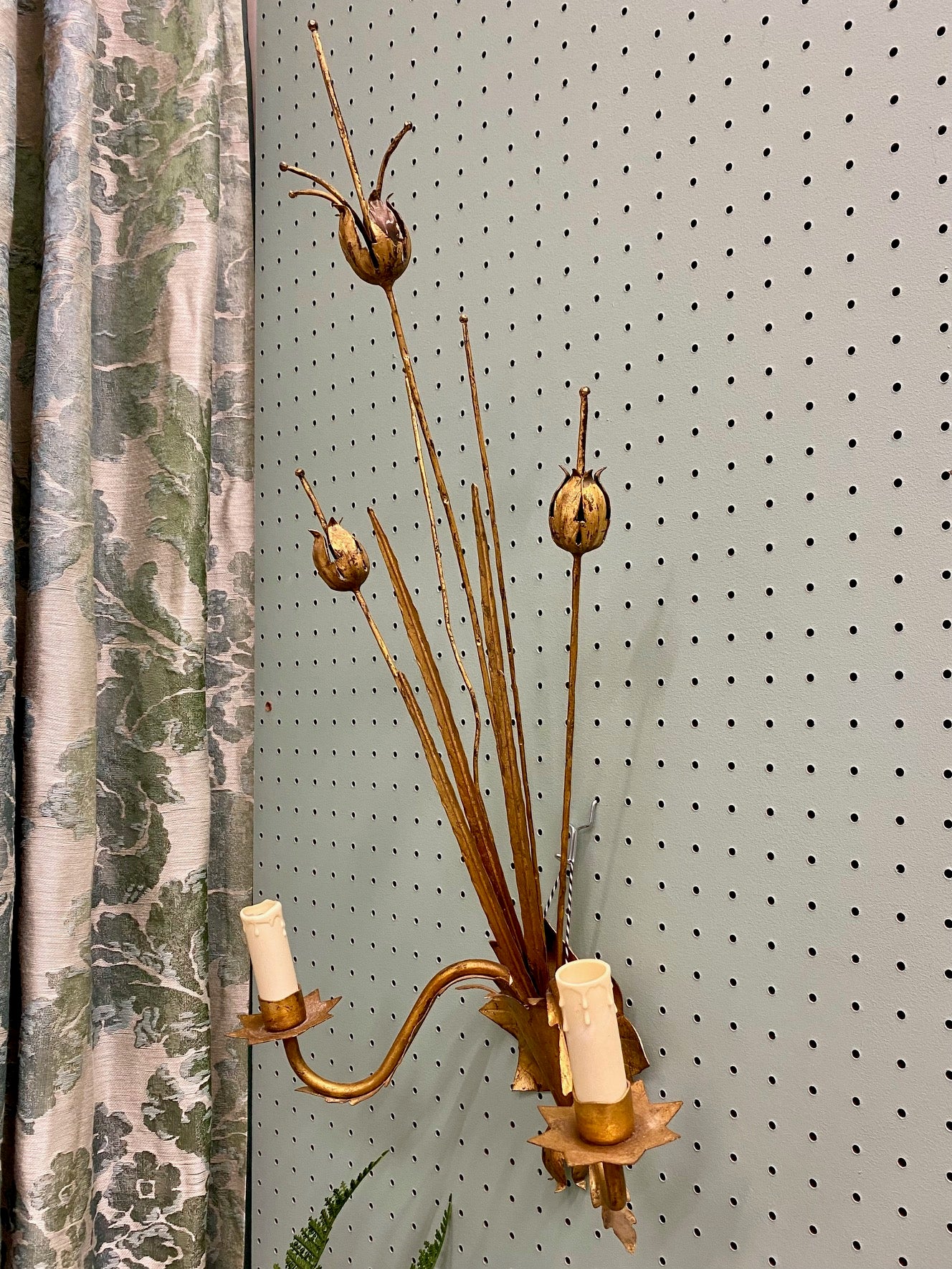 Pair Large Italian Vintage Gold Tole Sconces with Flower Heads