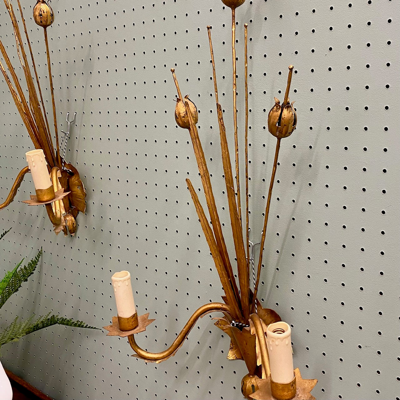 Pair Large Italian Vintage Gold Tole Sconces with Flower Heads